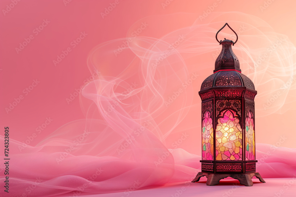 Arabic lantern against a pink copy space background, for Ramadan and Eid celebration concept