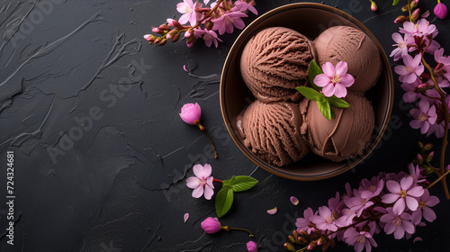 Chocolate ice cream and spring flowers on a black background, top view from above photo