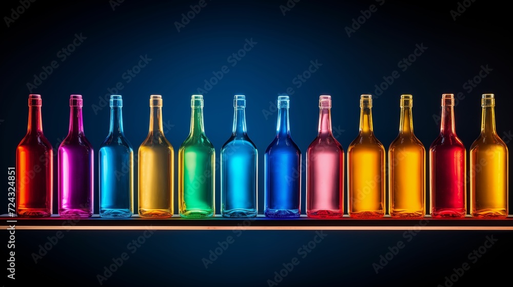 Image of a row of colorful bottles neatly arranged on a shelf. Image of a row of colorful bottles neatly arranged on a shelf.