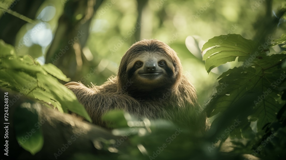 Fototapeta premium Image of a sloth clinging to branches of a tall tree.