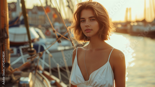 woman with short hair and naturally smiling face,on a sailing boat during summer vacation in Europe © Chirapriya