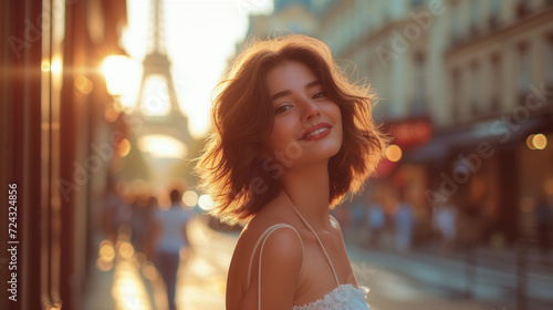 portrait of a woman,European woman model short hair and smiling face wearing a fitted casual white color short slip dress with on the background the Eifel tower of Paris