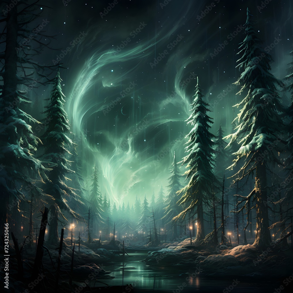 Fantastic aurora borealis in the night forest. 3D rendering