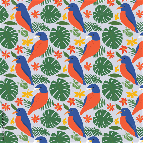 Topical summer pattern. Bird and Leaves