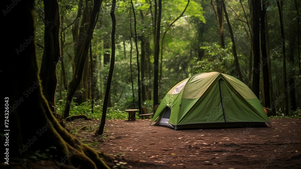 Image of a tent in a green forest. Image of a tent in a green forest.