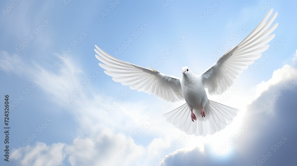 Image of a white dove in a cloud sky. Image of a white dove in a cloud sky.