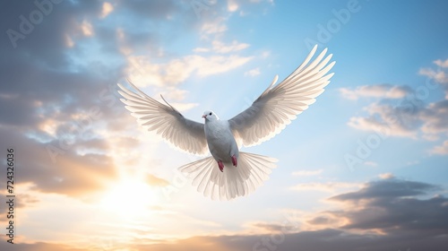 Image of a white dove in a cloud sky.