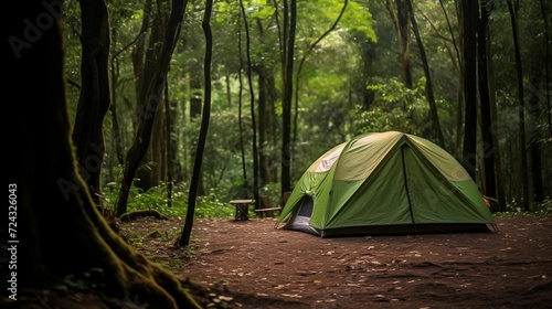 Image of a tent in a green forest.