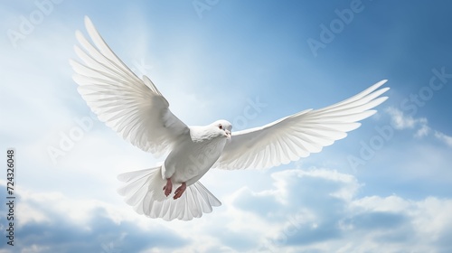 Image of a white dove in a cloud sky.