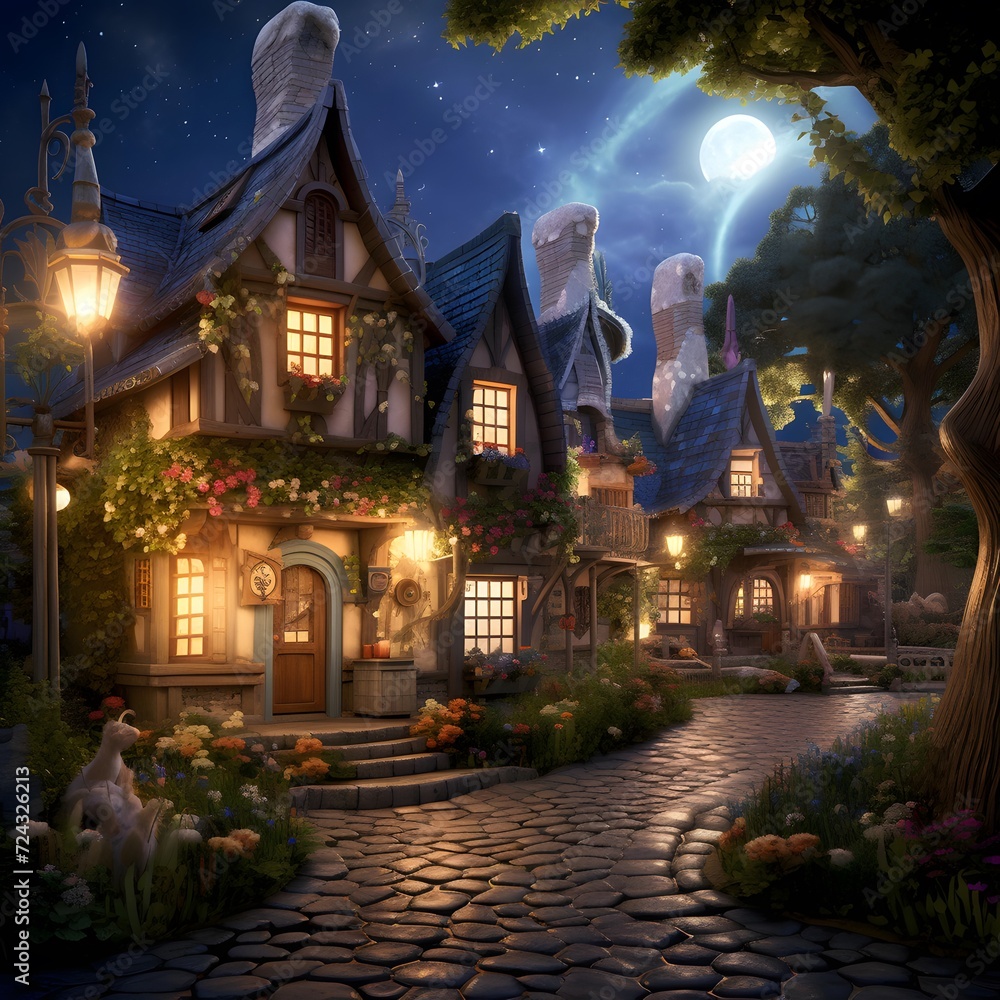 Illustration of a fairy-tale house at night with a full moon