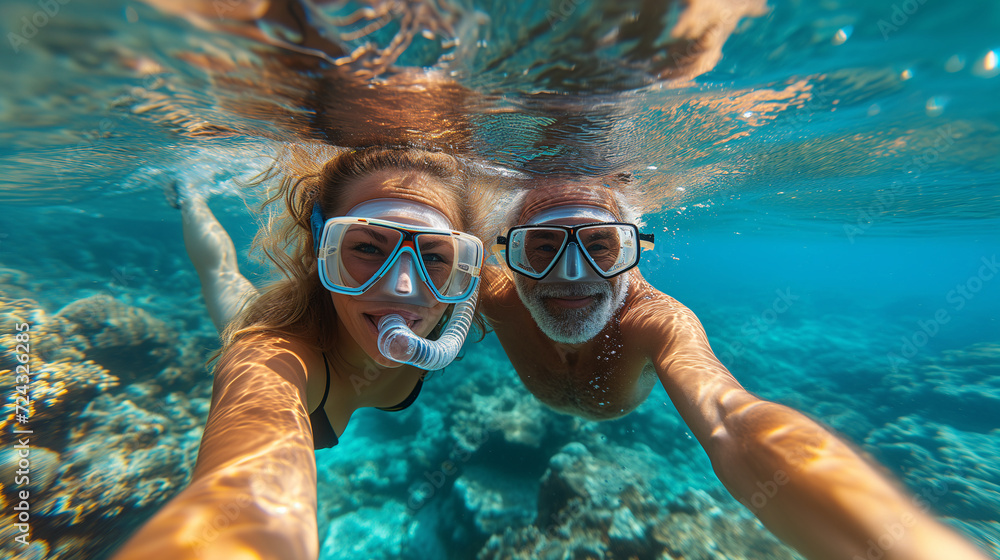 Fototapeta premium An ecstatic couple takes a selfie while snorkeling in clear blue waters, showcasing their summer holiday filled with travel and lifestyle adventures.