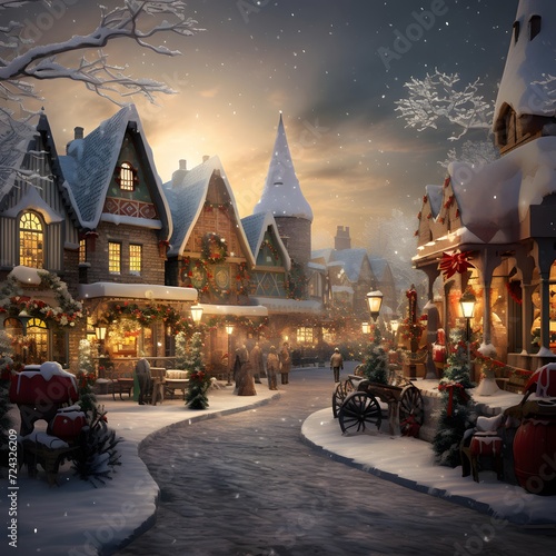 Merry Christmas and Happy New Year. Beautiful winter landscape with houses and Christmas decorations.