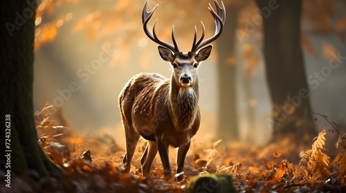 Majestic male red deer stag with large antlers walking in autumn forest. Panorama © Iman