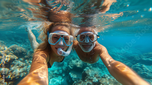 An ecstatic couple takes a selfie while snorkeling in clear blue waters, showcasing their summer holiday filled with travel and lifestyle adventures. © Old Man Stocker