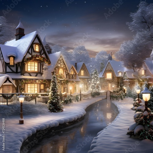 Winter night in the village. Christmas and New Year holidays background.