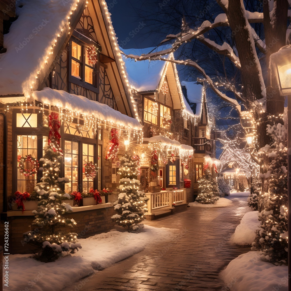 Beautiful Christmas decorations outside a house in a snowy winter landscape.
