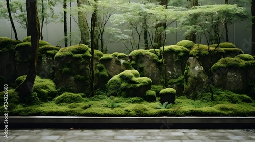 Green moss on stone wall in Japanese garden  panoramic view