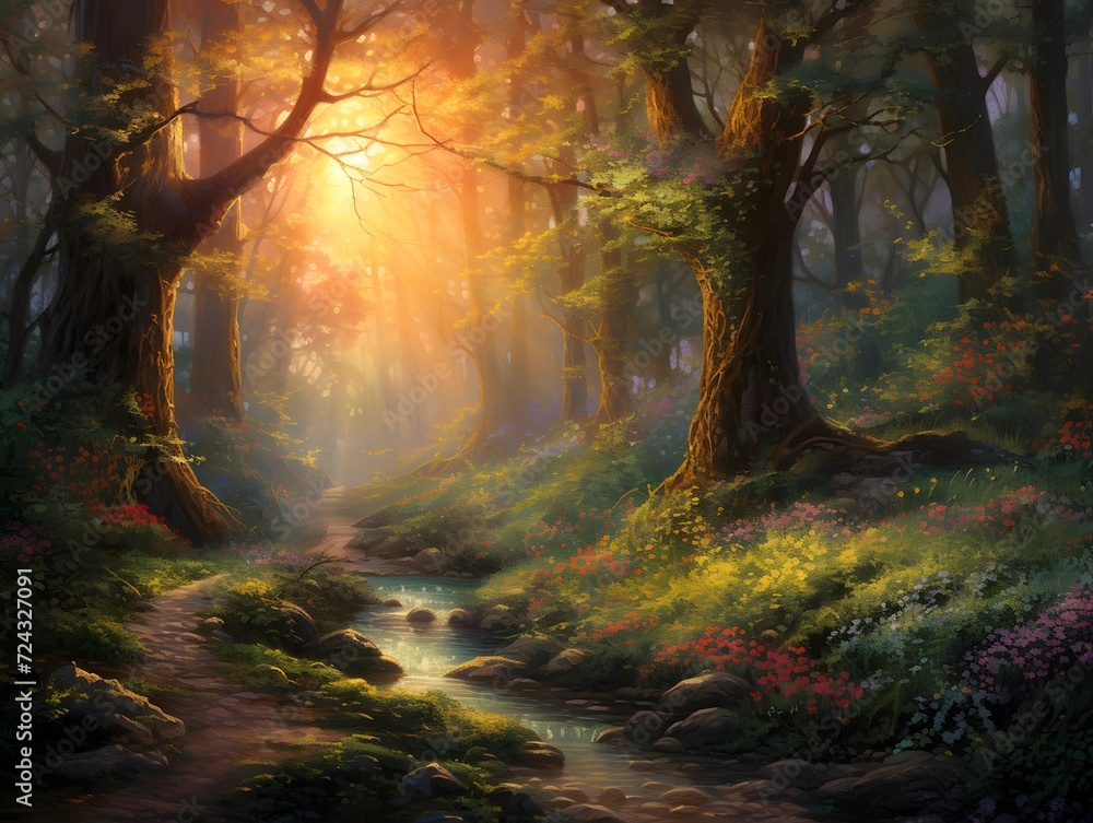 Panoramic view of a path in a mysterious forest at sunrise