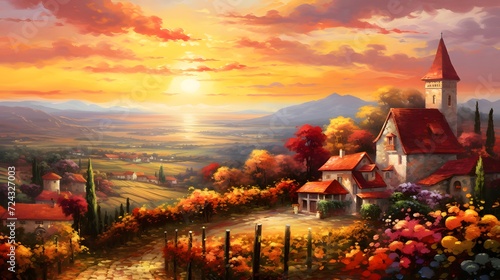 Autumn panoramic landscape with church and meadow at sunset