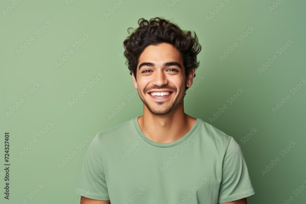 Portrait of handsome young man in casual t-shirt on green background Portrait of handsome young man in casual t-shirt on green background