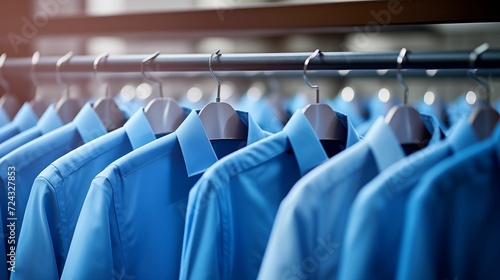 Image of blue shirts hanging on a hanger.