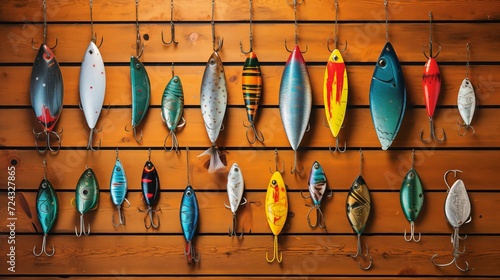 Image of colorful artificial lures on a wooden background.