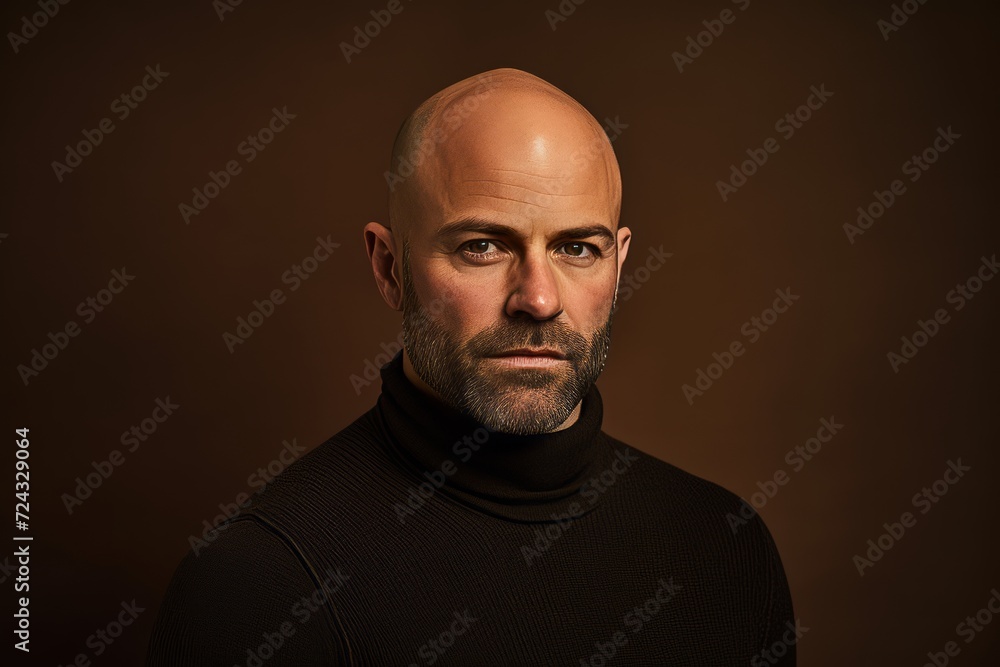 Portrait of a bald man in a black turtleneck on a brown background Portrait of a bald man in a black turtleneck on a brown background