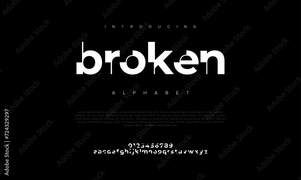Broken creative modern urban alphabet font. Digital abstract moslem, futuristic, fashion, sport, minimal technology typography. Simple numeric vector illustration