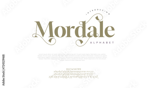 Mordale premium luxury elegant alphabet letters and numbers. Elegant wedding typography classic serif font decorative vintage retro. Creative vector illustration