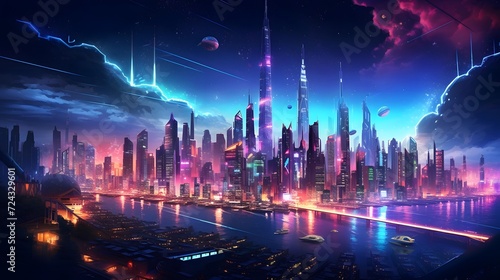 Futuristic city at night. Panoramic view of skyscrapers.