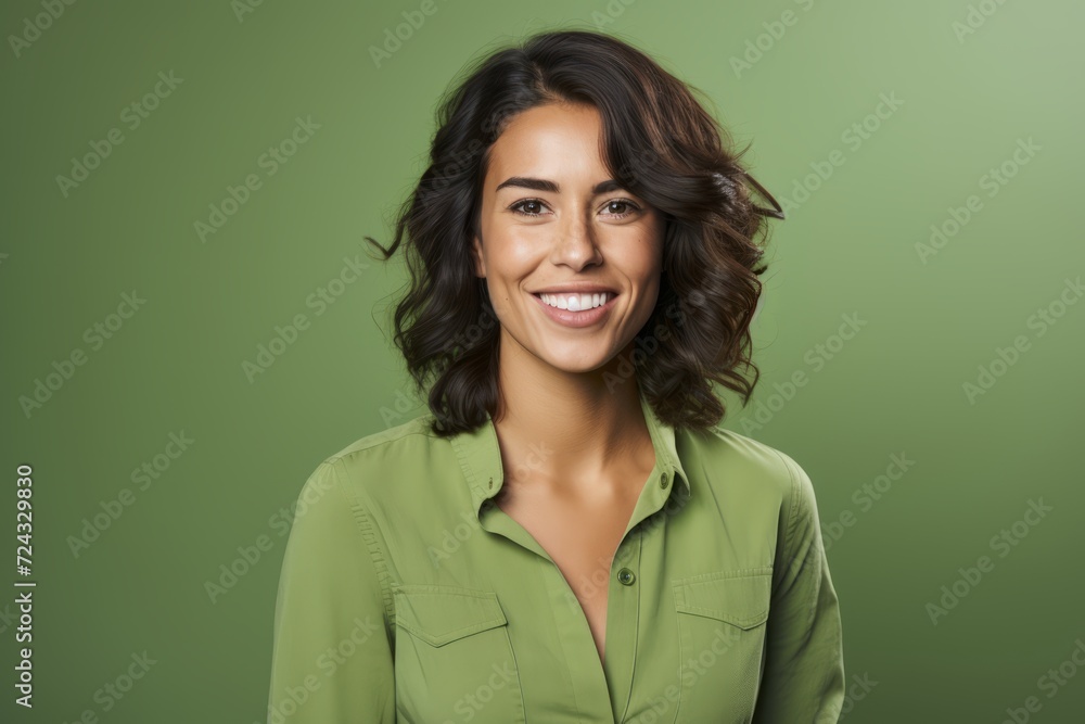 Portrait of happy smiling businesswoman in green shirt, over green background Portrait of happy smiling businesswoman in green shirt, over green background