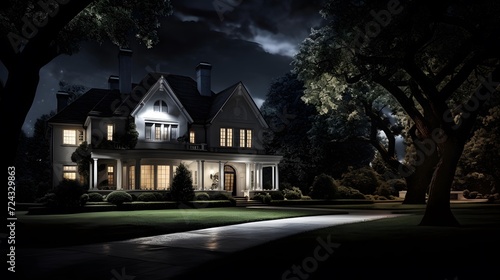 3D rendering of a classic mansion in the garden at night.