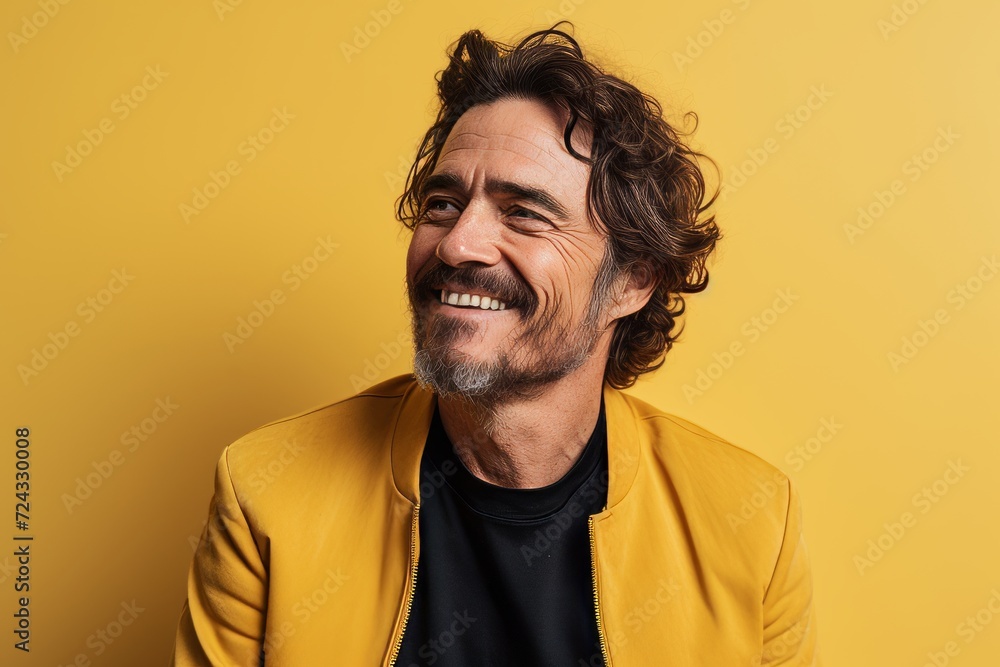 Portrait of a happy mature man in yellow jacket on yellow background Portrait of a happy mature man in yellow jacket on yellow background