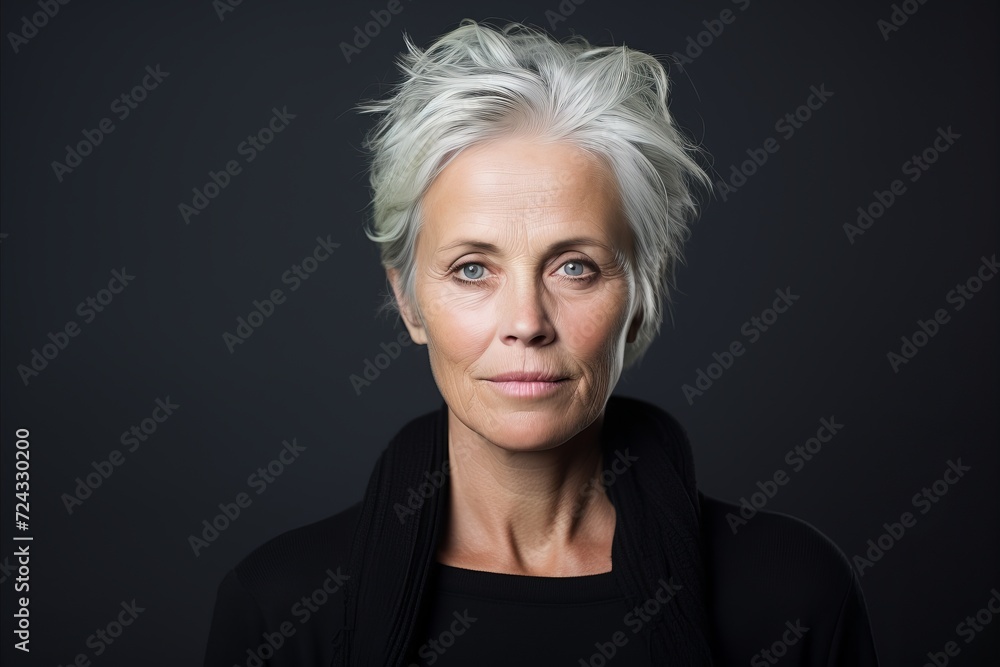 Portrait of a beautiful senior woman with short grey hair, over dark background.