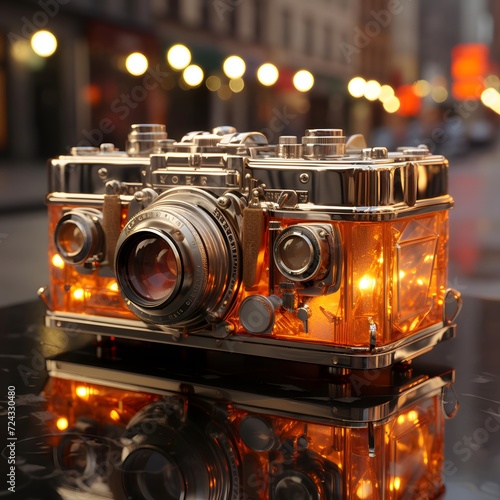 Vintage camera on the background of the night city. Shallow depth of field.