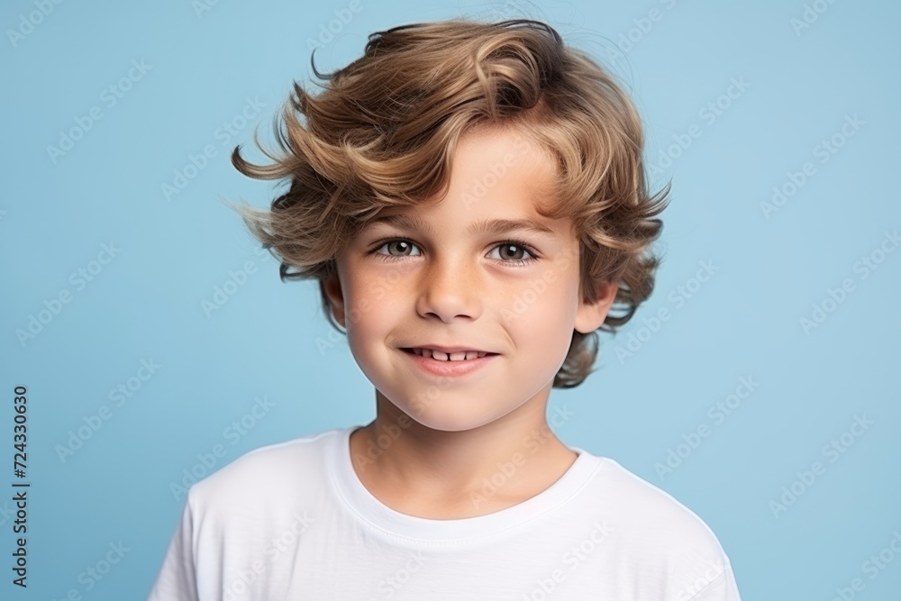 Portrait of a cute little boy with curly hair over blue background Portrait of a cute little boy with curly hair over blue background