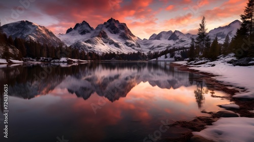 Panoramic view of snow-capped mountains reflected in a lake