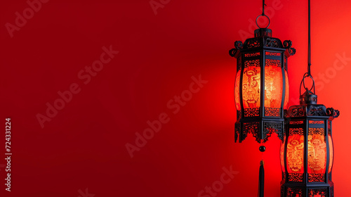 side view of lantern and lentern with red background copy space photo