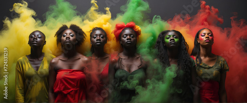 portrait of a group of black woman emerge from green, red, yellow smokes background, Black history month portrait, wide banner with copy space photo