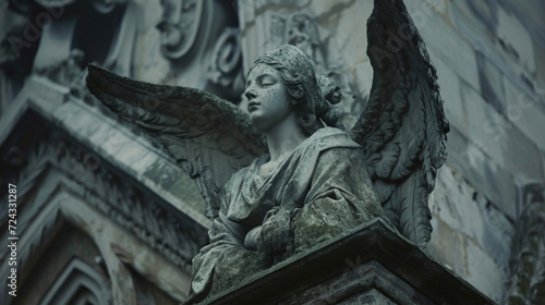 A regal angel with a baroqueinspired halo and elegant sweeping wings perches atop a crumbling gothic structure its expression a mix of melancholy and ancient wisdom.