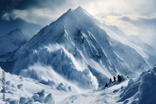 fresh and pure human with awe-inspiring spectacle of nature in motion is captured in breathtaking drama of an avalanche descending a mountain slope, with majestic peaks and turbulent snow