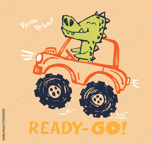 Crocodile monster, truck funny cool summer t-shirt print design. Racing car. Speed sport buggy