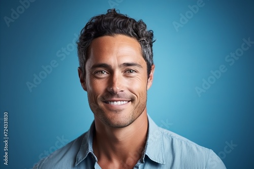 Portrait of handsome young man smiling and looking at camera over blue background