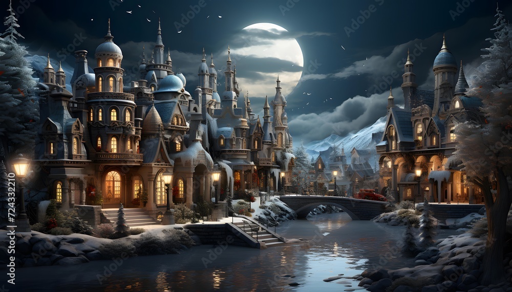 Illustration of a fantasy castle at night. 3D rendering. - obrazy, fototapety, plakaty 