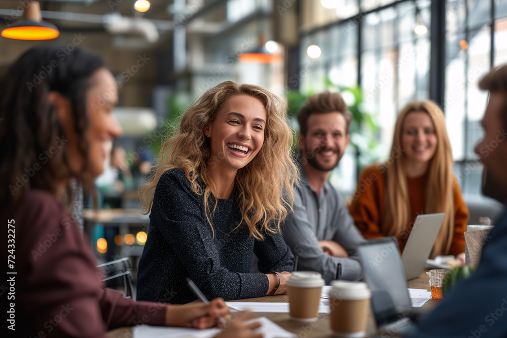 A vibrant creative team shares a moment of joy during a productive brainstorming session in a modern office setting. A vibrant creative team shares a moment of joy during a productive brainstorming session in a modern office setting.