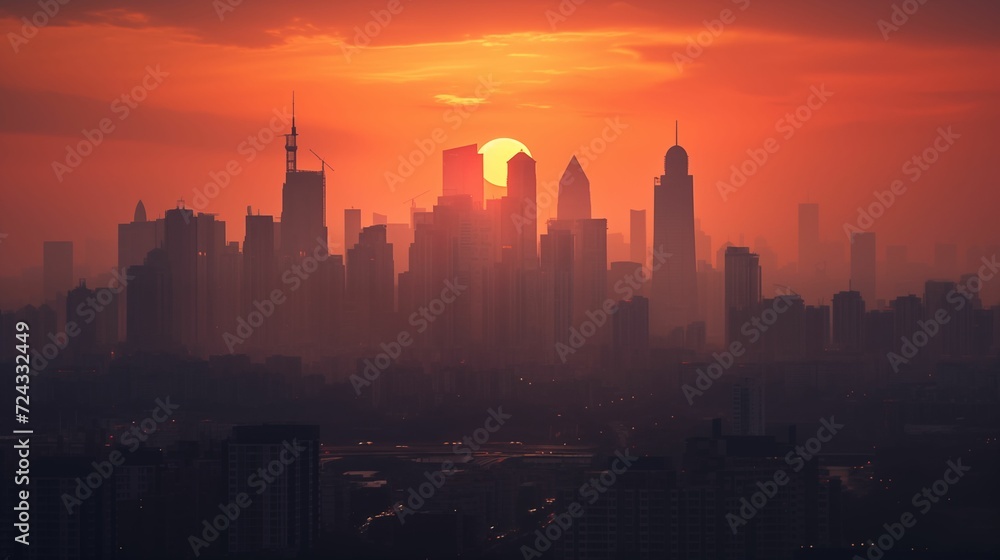 Image of the sunset against the background of the city.