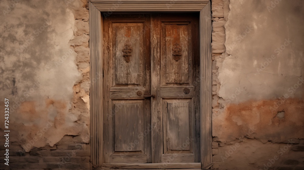 Image of the weathered old front wooden door of a house.
