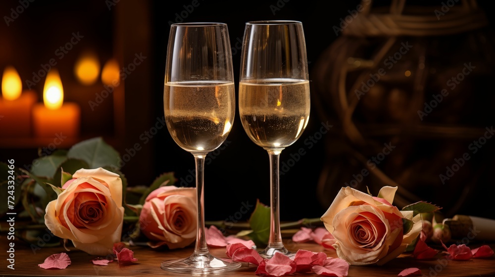 Image of two glasses of wine with a bouquet of roses. Image of two glasses of wine with a bouquet of roses.