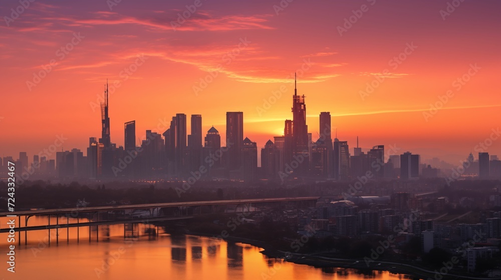 Image of the sunset against the background of the city.