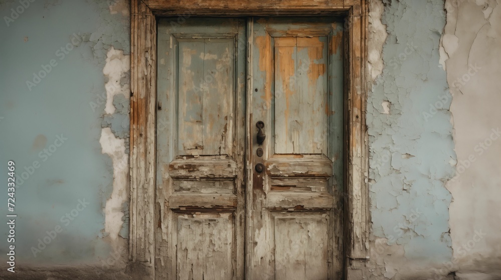 Image of the weathered old front wooden door of a house.